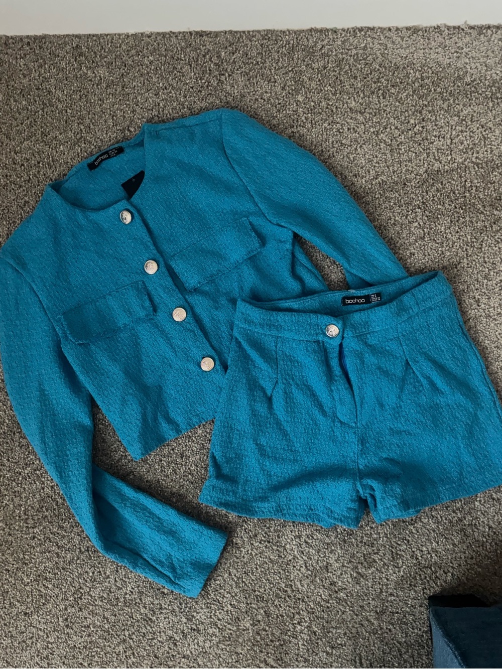 Boohoo Teal Textured Button Jacket Set